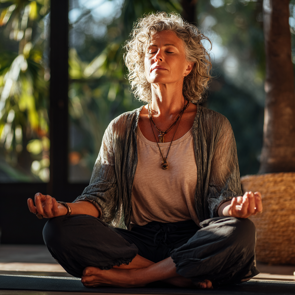 Experienced yoga instructor in peaceful meditation pose, middle-aged woman demonstrating mindful breathing