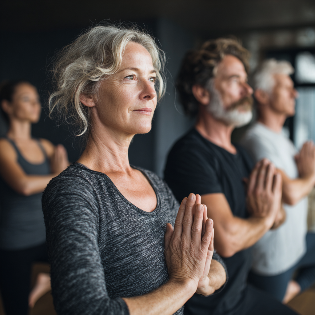Group of mature adults practicing yoga in serene studio environment, focused on mindful movement